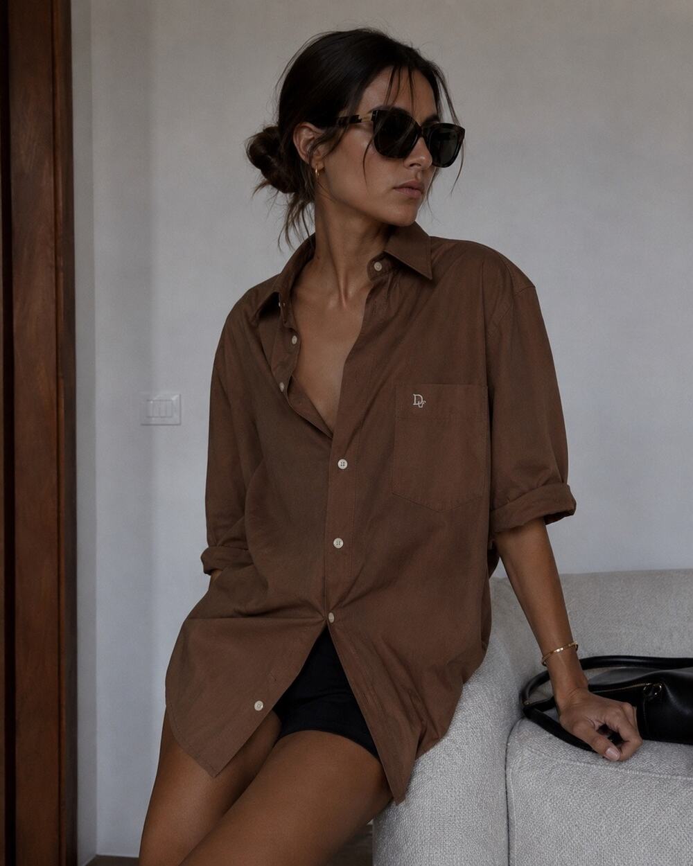 Vintage Christian Dior Oversized Brown Cotton Long Sleeve Button Down Small